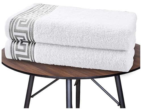 GC GAVENO CAVAILIA 2 Pack Egyptian Cotton Bath Sheet Towel Sets Bathroom, 500 GSM Greek Patterned Towels 80x140 CM, Super Soft Highly Absorbent Extra Large Beach Towels, White