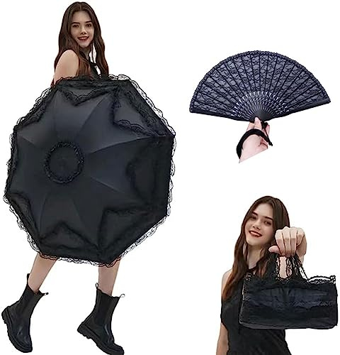 JCBFUME Women 's Anti-uv Lolita Lace Ultraviolet-Proof Folding Umbrella Dome Parasol (Black 2)