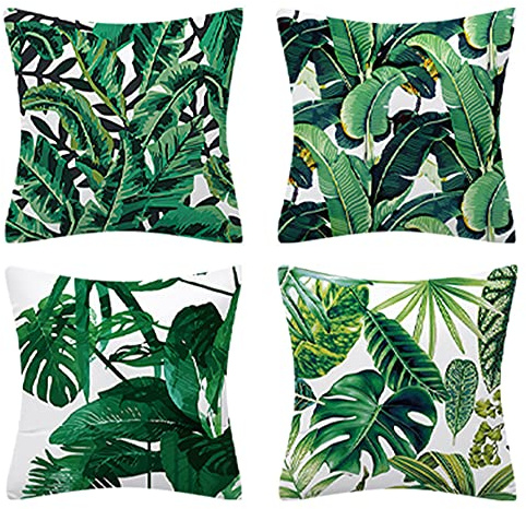 Keyohome Cushion Covers 45 x 45 cm, Set of 4 Tropical Leaves Pillow Cover Cotton and Linen Pillow Case Green Cushion Covers for Sofa Outdoor Garden Bed Couch Cushions(One set of C)