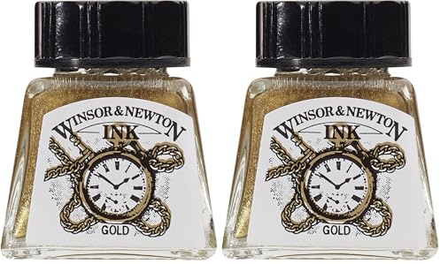 Winsor & Newton 1005283 Drawing Inks - Zeichentusche für Kalligraphen, Illustratoren, Grafikern, Künstler - wasserbeständige Farben, herrvorragender Transparenz, 14ml Flasche - Gold (Packung mit 2)