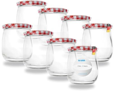 Flaschenbauer - 8x Einmachgläser 417ml - Konservengläser mit TO82 Twist-Off Deckel, inkl. Etiketten - Marmeladengläser, mit Schraubdeckel, Schraubgläser, Joghurtgläser (Rot/Weiß) - Made in Germany