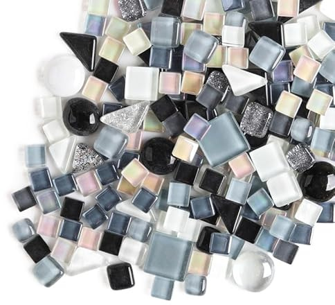 200g Kristall-Mosaik-Glasfliesen, Irregulär Bunte Kleine Mosaiksteine Glasstücke zum Basteln, Haus Deko(Schwarz und Weiß)