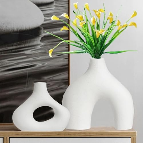 White Ceramic Vase Set of 2,Decorative Flower Vases for Living Room,Modern Vases for Home Decor