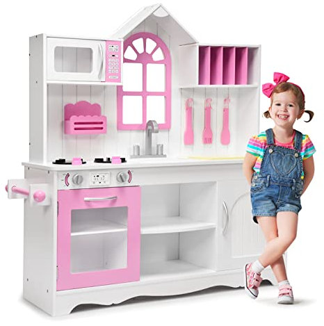 GOPLUS Kinderküche, Spielküche mit Mikrowellenofen, Herd, Wasserhahn, Kochutensilien & Dekorationsfenster, Kinderspielküche mit Regalen & Schränken für Kinder ab 3 Jahren, weiß+rosa