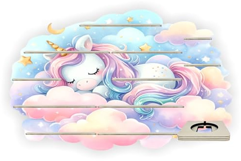 Farbklecks-Collection Tonie Regal Träum Süss Einhorn, 74 x 47 x 6 cm | Wandregal für mehr als 60 Hörfiguren, mit speziellem Ablagefach kompatibel mit Toniebox, handgefertigt in Deutschland