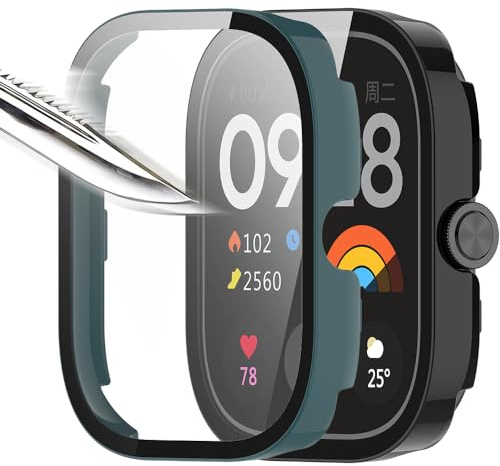 Msiall [2 piezas Película protectora de pantalla negro verde con vidrio templado para,dureza 9H, parachoques, estuche protector completo delgado para inteligente redmi watch 4