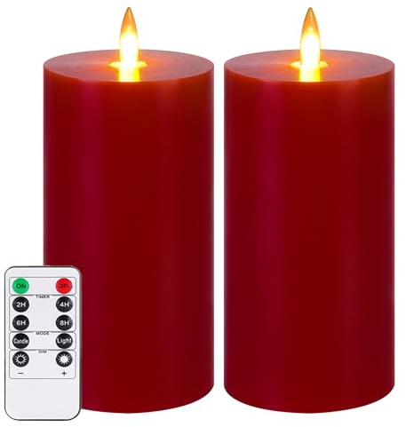 Auemaniliy LED-Kerzen, LED-Kerzen mit Fernbedienung und Timer, echte Glitzerkerzen, batteriebetriebene Stumpenkerzen, echte Wachs glatte Kanten, romantisches Ambiente und Wohnkultur, 2 Stück (rot)