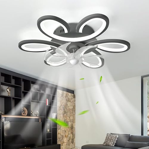 Dceinz Led Fan Light Silent Dimmable Flower Fan Lights Ceiling for Bedroom Remote Control Reversible Ceiling Fan Light Smart Modern Indoor 65cm Timer for Living Room, Kitchen, Lounge, Black