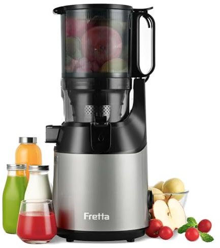 Fretta Extractor de Zumos y Verduras,Apertura de 135 MM y Capacidad de 1,8 L,Licuadora Prensado en Frio para Frutas y Verduras Enteras,250 W Juicer Machine, Sin BPA, Incluye 2 Vasos(Gris, 1, 8L)