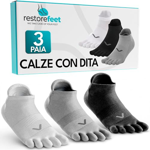 RestoreFeet Zehensocken Herren Five Finger – 3 Paar Socken mit Zehentrenner aus Baumwolle – Barfußsocken Atmungsaktiv, Bequem, Unisex – Größe 43–44