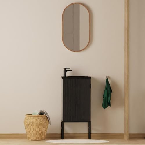 MOB-IN Lave-Mains sur Pieds chêne Carbone + Robinet + Miroir Studio