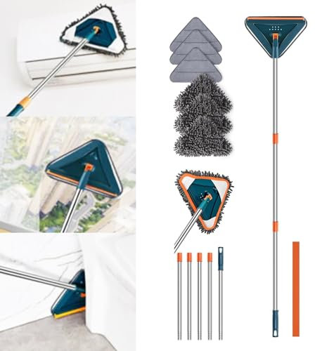 Mocio regolabile girevole a 360°, mocio per la pulizia con asta telescopica, scopa triangolare, in microfibra, per lavare pavimenti, finestre e pareti