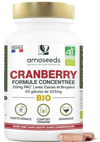 Cranberry BIO | 5% PAC, extrait Concentré | Confort Urinaire | 60 gélules | 100% Naturel, avec Cassis + Bruyère | Reins, Vessie | Qualité supérieure