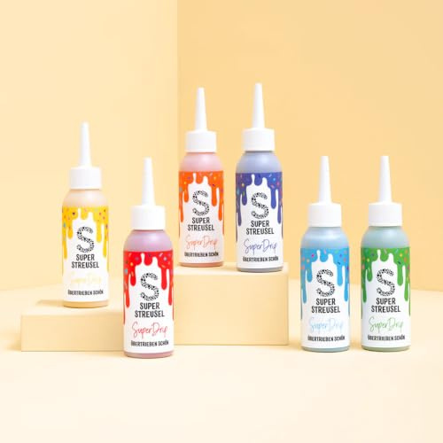 Super Streusel SuperDrip RegenbogenSet - Drip Cake Glasur Set (6x 130g) | 6 Farben Vanille & Schoko Kuchenglasur bunt für Regenbogenkuchen, Torten, Muffins & Plätzchen