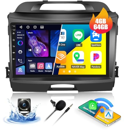 CAMECHO 4G+64G Android 15 bilradio för Kia Sportage 3 III SL 2010-2016 med GPS Carplay Android Auto, 9-tums skärm med Bluetooth 5.0 RDS 32EQ Mirror Link + bakkamera