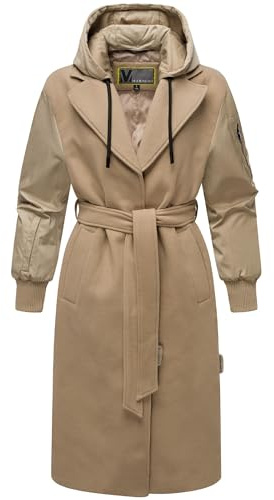 MARIKOO Damen warmer langer Übergangsmantel in angesagtem Materialmix mit abnehmbarer Kapuze und Binde-Gürtel Tjadee 16 Sand Beige Gr. M