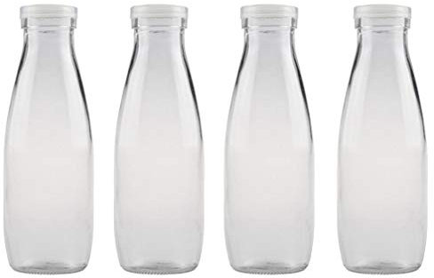 Botellas de Leche de Vidrio 4 Piezas Botella de Leche Botellas de Contenedor de Jugo Contenedor de Leche Transparente Botellas de Jugo Botellas de Bebidas Botella de Yogur Vidrio con Tapa Botellas de