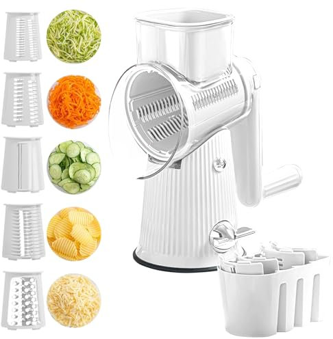 Rotary Cheese Grater for Kitchen, 5-in-1 Multifunctional Vegetable Slicer with Handle and Strong Suction Base, Round Mandoline Slicer & Food Chopper for Vegetables, Fruit, Cheese (White)