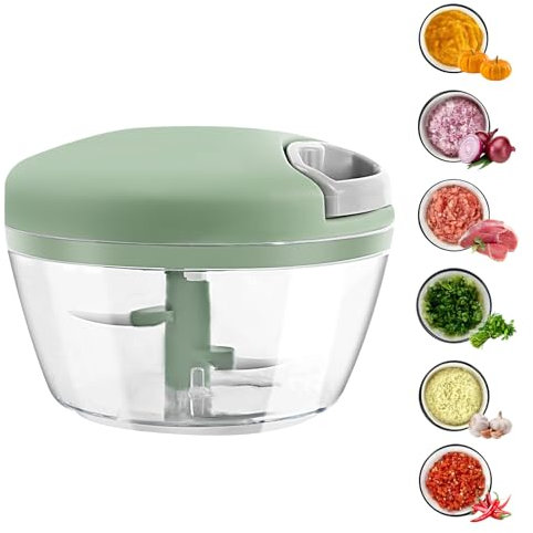 Mini Picadora de Cocina 500ML, Picadora Manual con 3 Cuchillas de Acero Inoxidable,Taza de Cebolla Manual con Cordón de Tiro,Cortadora de Seda Multifuncional de Verduras, Frutas