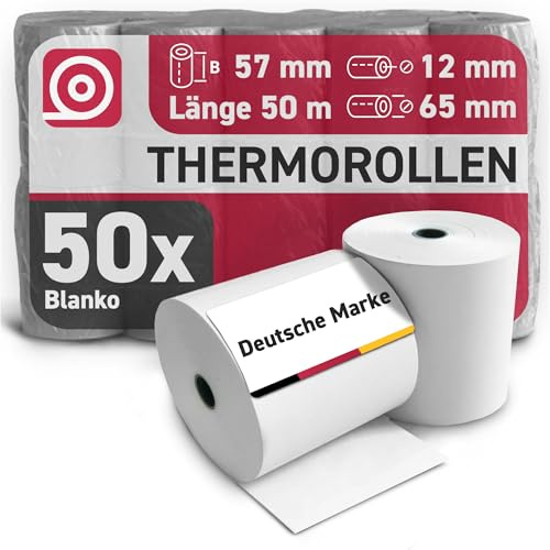 Gebongt24 Thermorollen 57 mm x 50 m x 12 mm mit 55 g/m² – hochwertige Bonrollen aus BPA-freiem Thermopapier – 50 Kassenrollen mit ⌀ 60 mm – für EC-Cash & Kassenbondrucker