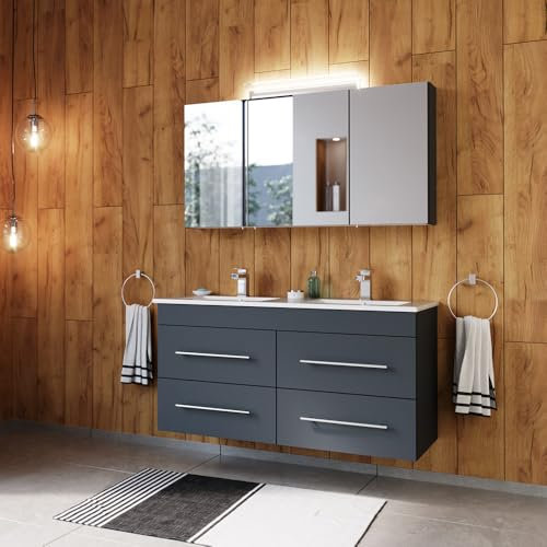 Lomadox Badmöbel Set 2-teilig, Doppel-Waschtisch 120cm breit mit Doppel-Waschbecken, in grau inkl. Spiegelschrank mit Aufsatzleuchte