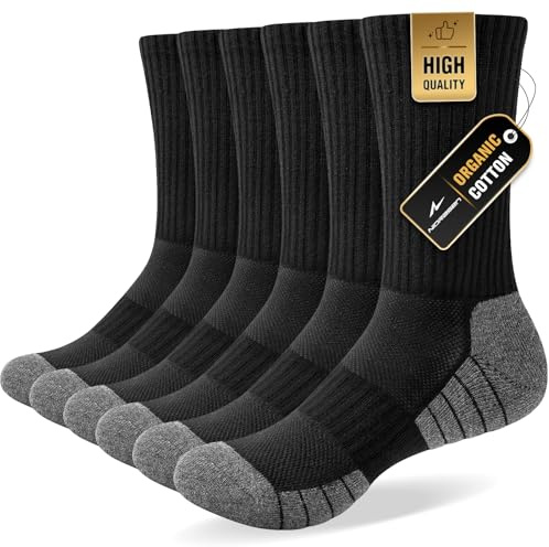 Niorasen 6 Pairs Mens Socks, Cushioned Breathable Sports Socks Outdoor Multipack, Comfortable Crew Cotton Athletic sock for Work Walking Hiking Running, Black 12-15