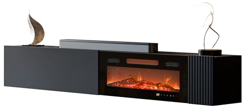 Mirjan24 TV-Lowboard Cholon EF mit Elektrokamin (Schwarz) | Hängender TV-Schrank mit geriffelter MDF-Front und elektrischem Kamin mit Heizfunktion, Fernbedienung und LED-Flamme
