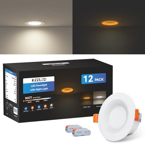 KEELED Downlights for Ceiling, Recessed Lighting with Night Light, 230V, 6W, 3CCT 3000K/4000K/6000K Selectable, Non-Dimmable, 70-85mm Cutout, 12-Pack