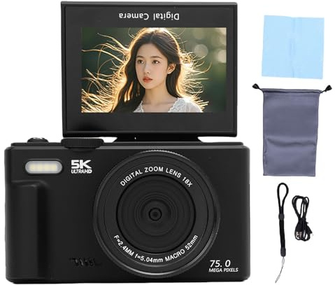 Fotocamera digitale 5k, fotocamere da 75 MP per fotografia con camara zoom 18x fotografica con fotocamera digitale WiFi flash e fotocamera da viaggio per carte da 64 GB (Nero)