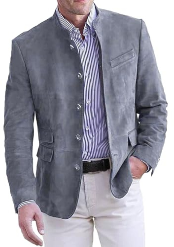 Generisch Chaqueta de traje de pana para hombre, retro, de ante, cuello alto, monocolor, ajustada, para el tiempo libre, chaqueta de traje vintage para hombres, corte regular, chaqueta de lana con