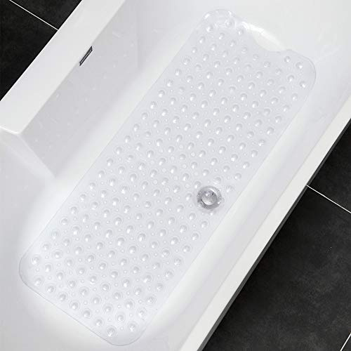Tappetino antiscivolo per vasca da bagno, extra lungo 100 x 40 cm, resistente alla muffa, lavabile in lavatrice, con sistema a ventose (1, trasparente)