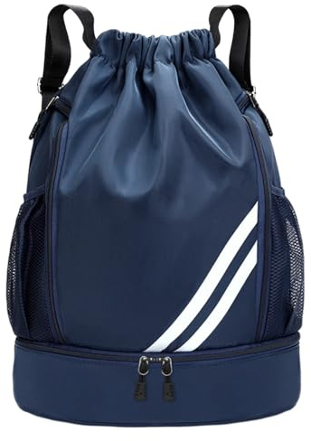 MJFENDAI Turnbeutel Sportbeutel mit Kordelzug, Verstellbar Tunnelzug Rucksack, Sporttasche mit Ballfach Bodenfach Wasserdicht Rucksack für Erwachsener Jugend, Sport und Reisen (Blau)