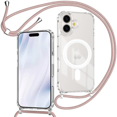 ZYIMOU für iPhone 17 Hülle mit Band Kompatibel mit MagSafe, Transparent Magnetische Handyhülle mit Kordel zum Umhängen Handyband Stossfest Schutzhülle，Kette Rosé Gold