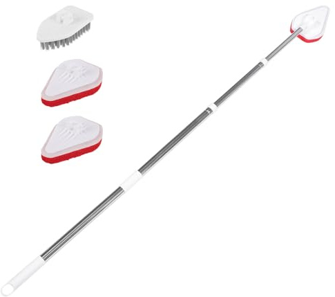 Gadpiparty Cepillo para Fregar Suelo de Baño con Mango Extensible Juego 1 Palo 3 Cabezales de Esponja 1 Cepillo Triangular Fregadora Multifuncional para Ducha y Limpieza de Lechada