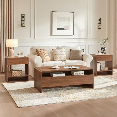 AMERLIFE 3-Piece Living Room Table Set, Includes Coffee Table & 2 End Tables, Modern Coffee Table Sets with Large Storage Drawers & Smooth Rounded Edges, Brown