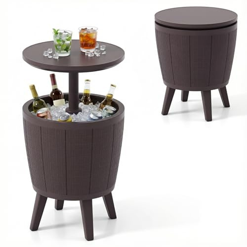 COSTWAY Table Glacière 38L pour Jardin 2 en 1 avec Plateau Relevable, Seau à Glace d'Extérieur avec Bouchon de Vidange pour Cocktails Bière Convient aux Piscines Terrasses, Ø 49 x 59/84 cm (Marron)