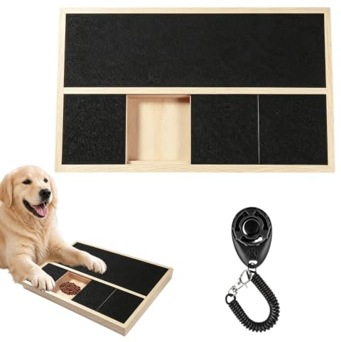 Rascador para perros, 35 × 25 × 3,5 cm, tabla para rascar garras de perros con caja de golosinas, tabla de limas de uñas de madera para mascotas con clicker, tabla de papel de lija sin estrés, tabla
