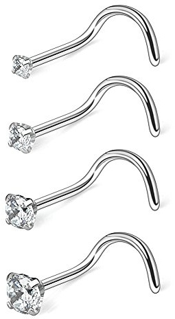 Ruifan 4PCS 18G 316L Surgical Steel 1.5mm 2mm 2.5mm 3mm Clear Round Diamond Cubic Zirconia Crystal Nose Screw Studs Rings Piercing Jewelry - Silver