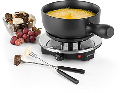 Klarstein Sirloin - Fondue de Queso, Para fiestas, Olla de cerámica esmaltada, Potencia de 1200 W, Placa de aluminio fundido, Termostato, Antideslizante, Negro