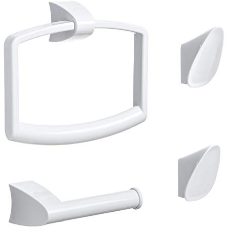 Smart Set de 4 Piezas con 1 aro toallero, 1 portarrollos sin Tapa y 2 colgadores, de plástico ABS, Blanco, y Sistema de fijación Glue & Fix, 32 x 9.5 x 24.7 cm