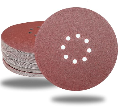 50 PCS 9 Inch 8 Hole 120 Grit Drywall Sanding Discs, 9 High-Performance Sandpaper Discs with Hook & Loop Backing, Fast Cutting Aluminum Oxide Abrasive for Drywall Power Sander, Wood
