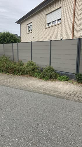 WPC-Zaun I Sichtschutz-Zaun, Steckzaun, Gartenzaun Komplettset I beidseitig glatt I Alu Pfosten Stein Grau (Pfosten zum Einbetonieren, 5Element 6Pfosten)