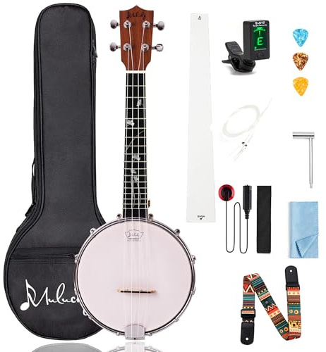 Mulucky Banjolele 4 String Banjo Ukulele Concert Size 23 Inch, Closed Solid Wood Back, Beginner Kit with Truss Rod Gig Bag Tuner String Strap Picks - MBU-806