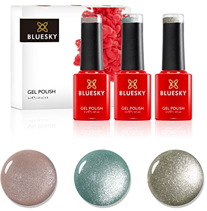 Bluesky 5D Cat Eye Gel Nail Polish Set Magnetic Nail Art Set 2 Rose Gold Green Silver Glitter 3 x 5ml