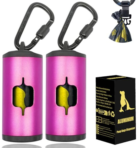 SHAOUMAN Metall-Hundekotbeutelhalter Aluminium-Kotbeutelspender mit 30 schwarzen geruchsneutralen Hundekotbeuteln und 3 Leinen Zubehör(2 Halter 30 Beutel，Rosa）