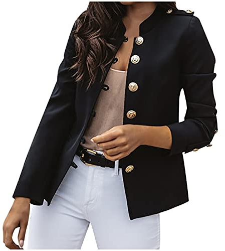 HHMY Sweatblazer Damen - Anzugjacke Elegant Mantel Mit Knopfleiste Military Coat Casual Blazer Freizeit Stehkragen Business Büro Anzug Jacken Slim Fit Blazer Mantel, Schwarz, 3XL