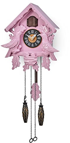 TIMEGEAR Cuckoo Clock with Night Mode, Singing Bird, Wooden Decorations and Swinging Pendulum (Pink)