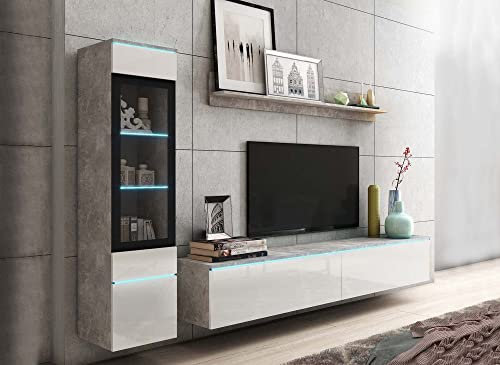 DecoInParis Meuble TV Contemporain Gris béton et Blanc laqué avec LED - Veronica