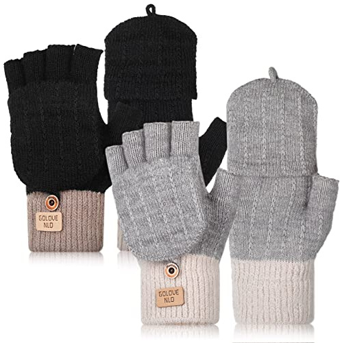 Neer 2 Paar Damen Fingerlos Handschuhe mit Kappe Strick Halbfinger Fäustlinge Warm Winterhandschuhe (Schwarz, Grau)