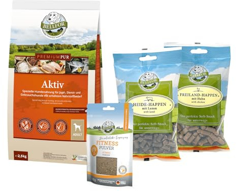 Bellfor Futterset für körperlich aktive Hunde, Insektenprotein, Premium PUR Aktiv 2,5 kg + Fitness Pulver 80g + Soft-Snacks 2x200g, ohne Weizen und Soja, für Sporthunde